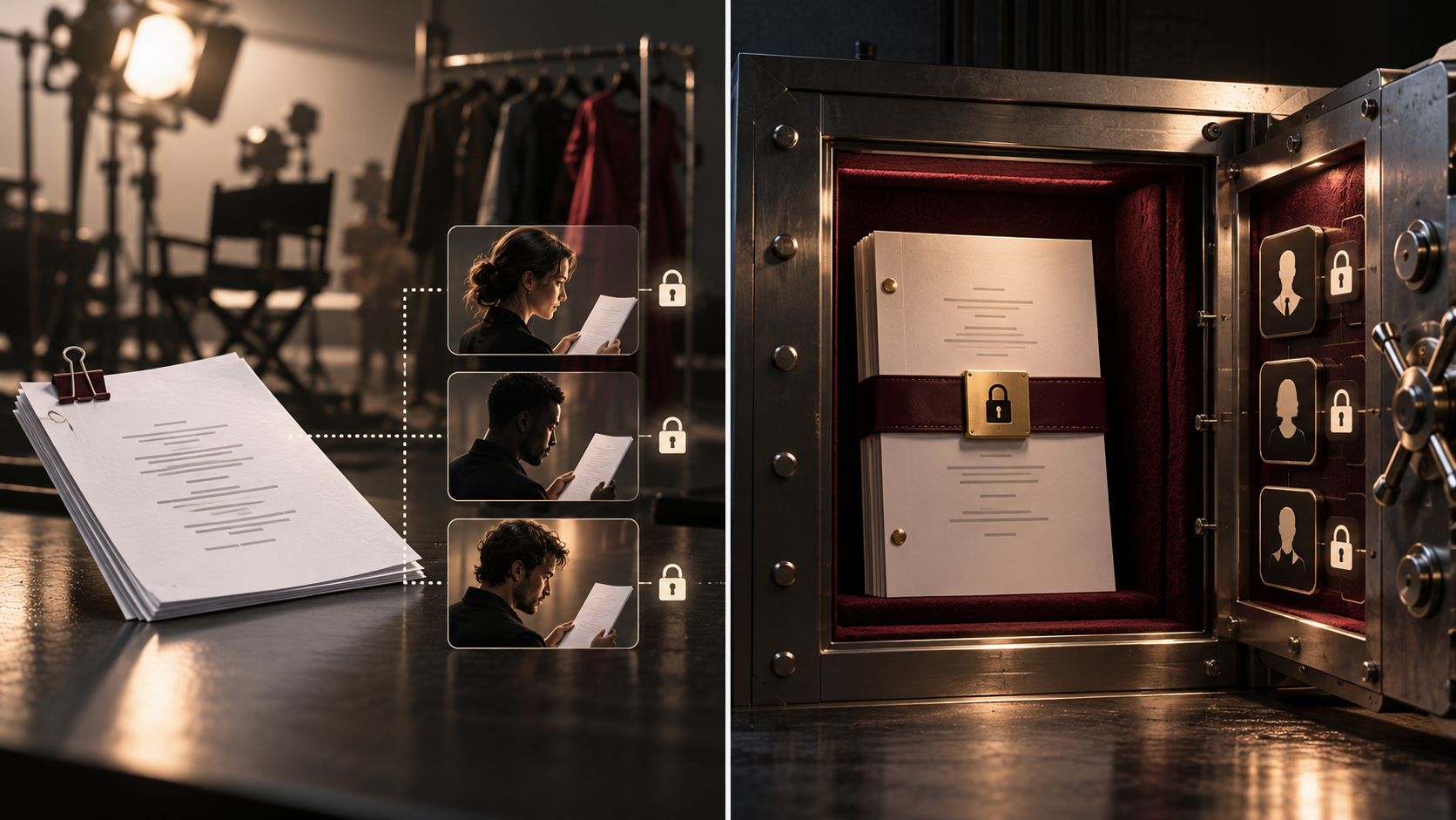 Comparison between limited casting sides and a full screenplay protected by stronger access controls