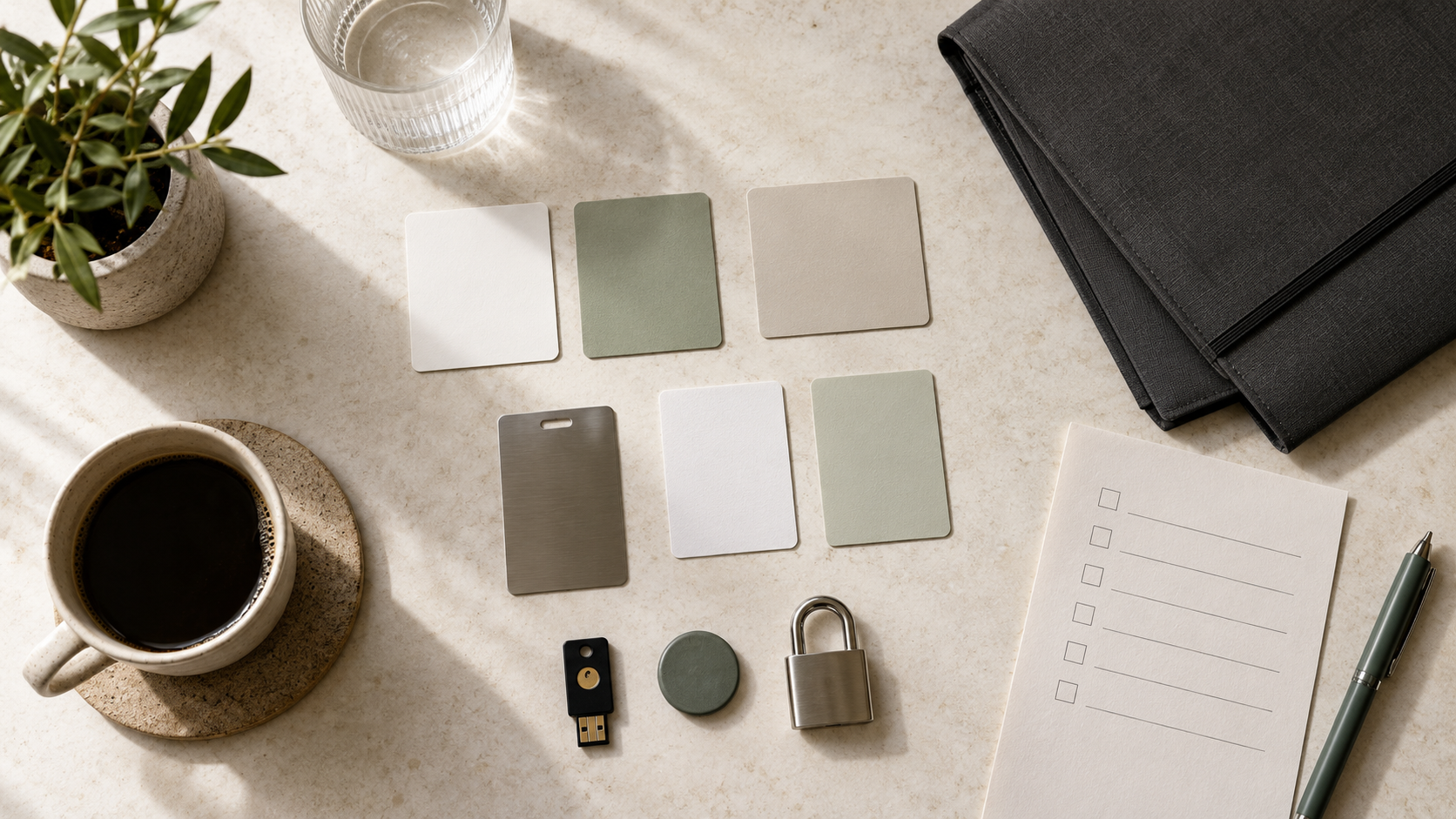 Blank requirement cards, a keycard, a secure folder, and a checklist arranged for document-sharing vendor evaluation