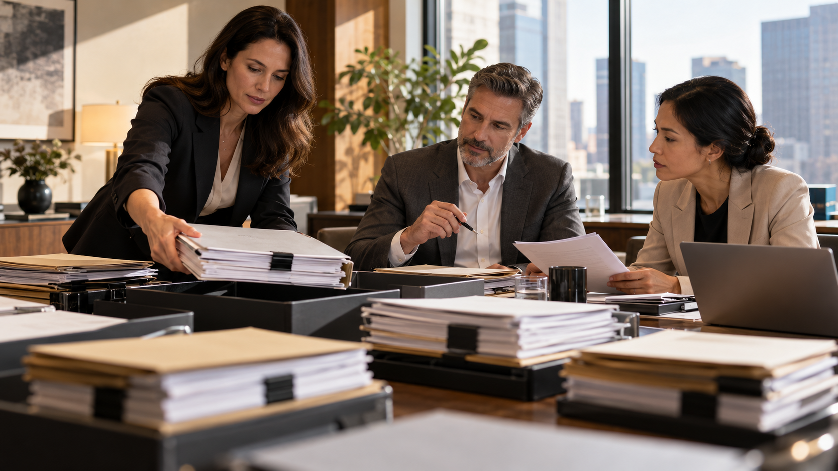 M&A deal team reorganizing confidential document packets to clear a review bottleneck