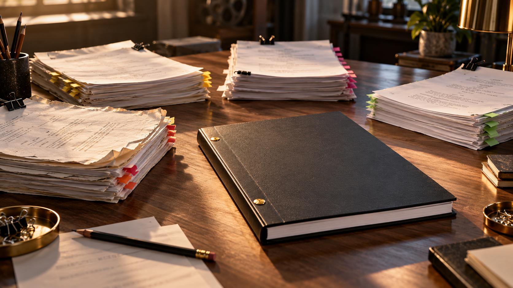 Multiple screenplay drafts converging into one approved final version on a production desk