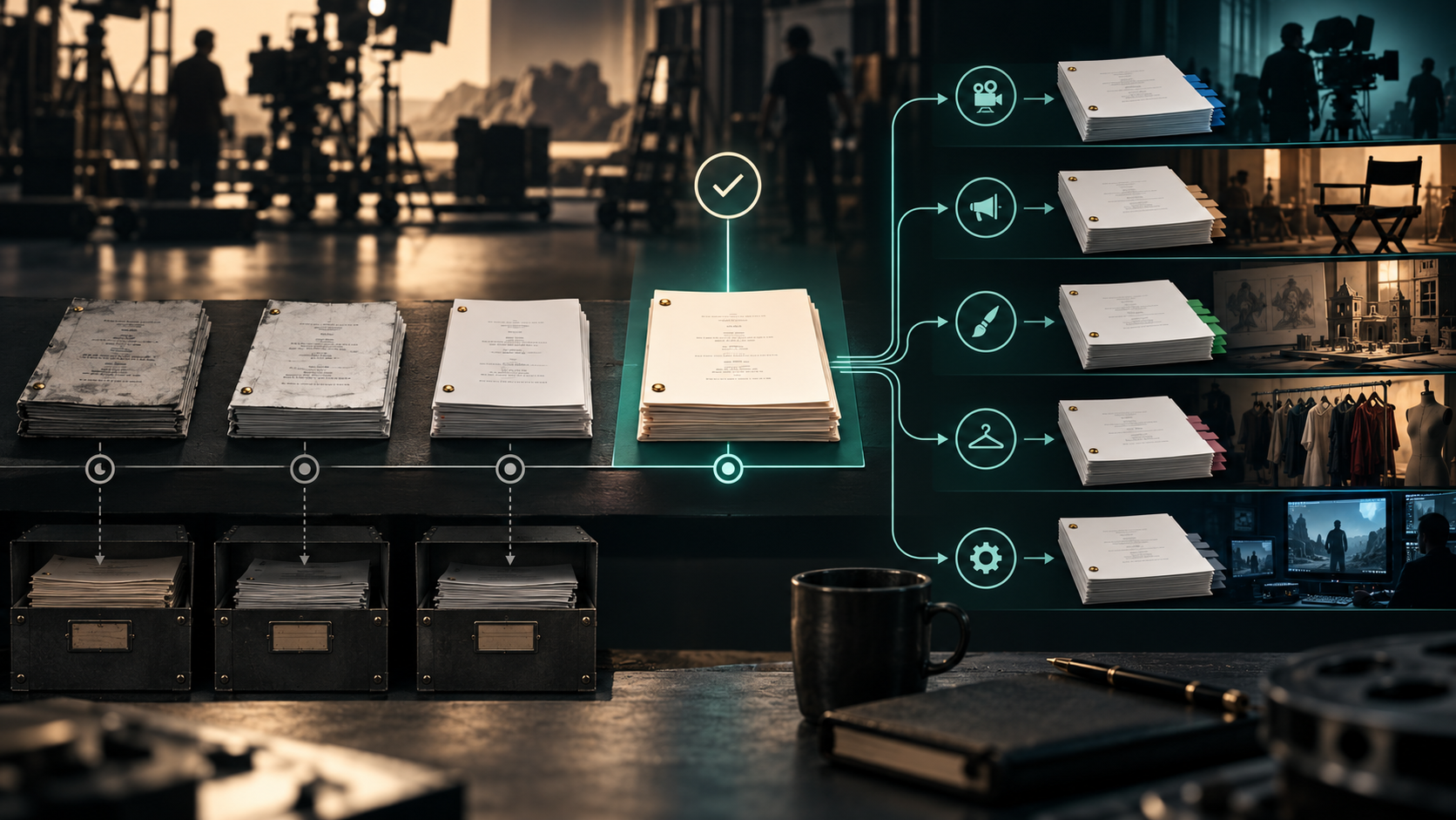 Screenplay revisions arranged on an approved timeline with controlled department distribution