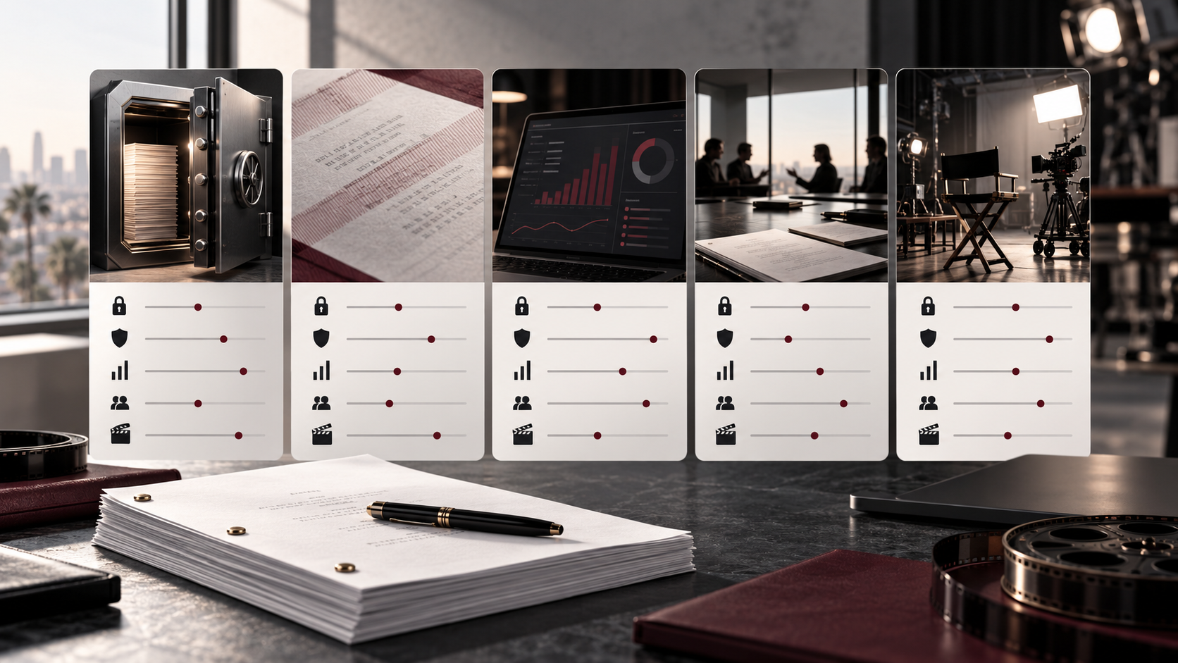 Neutral comparison board for screenplay sharing platforms across access, watermarking and production workflow