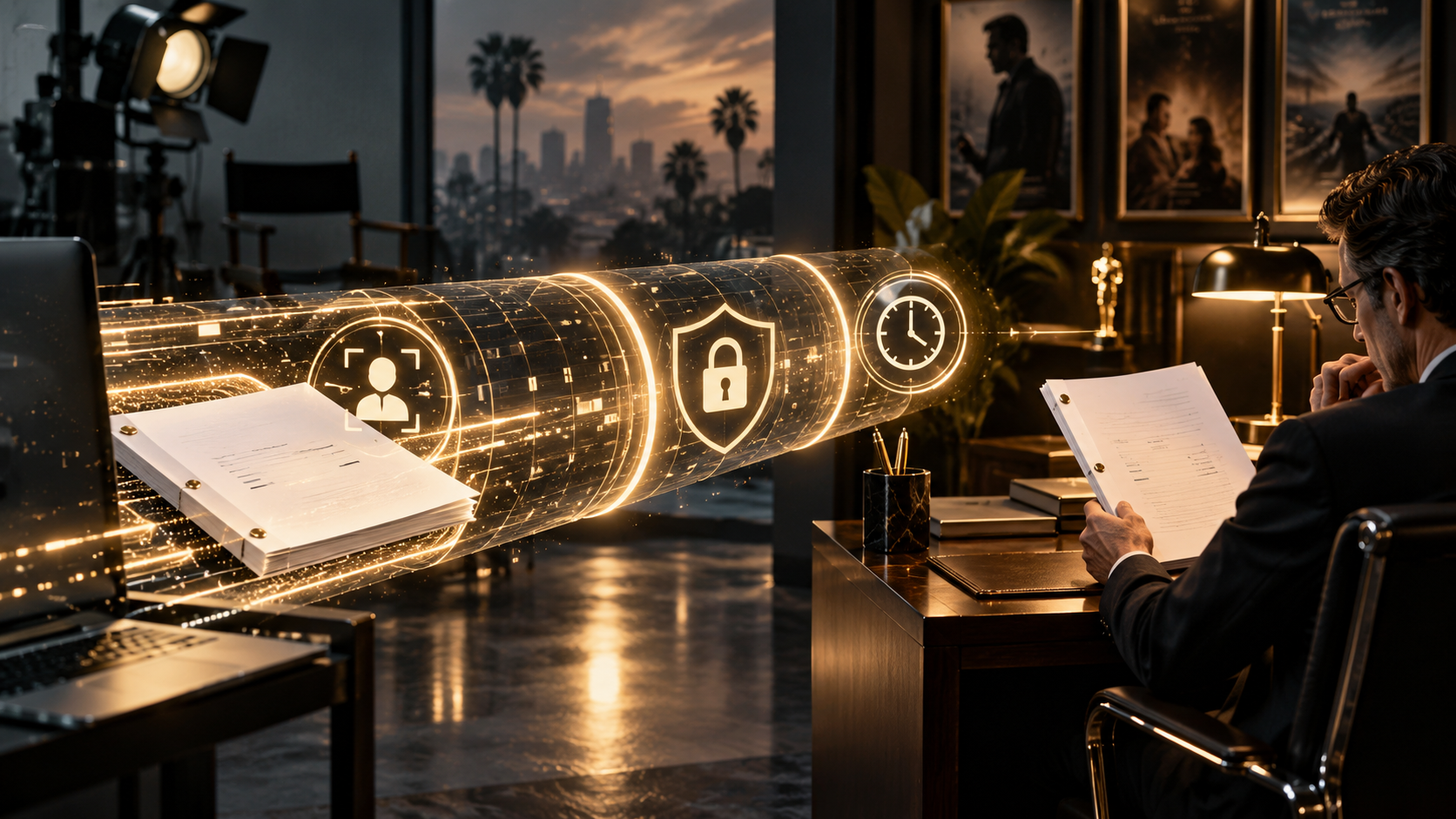 Screenplay package delivered through a verified secure link to a producer review desk