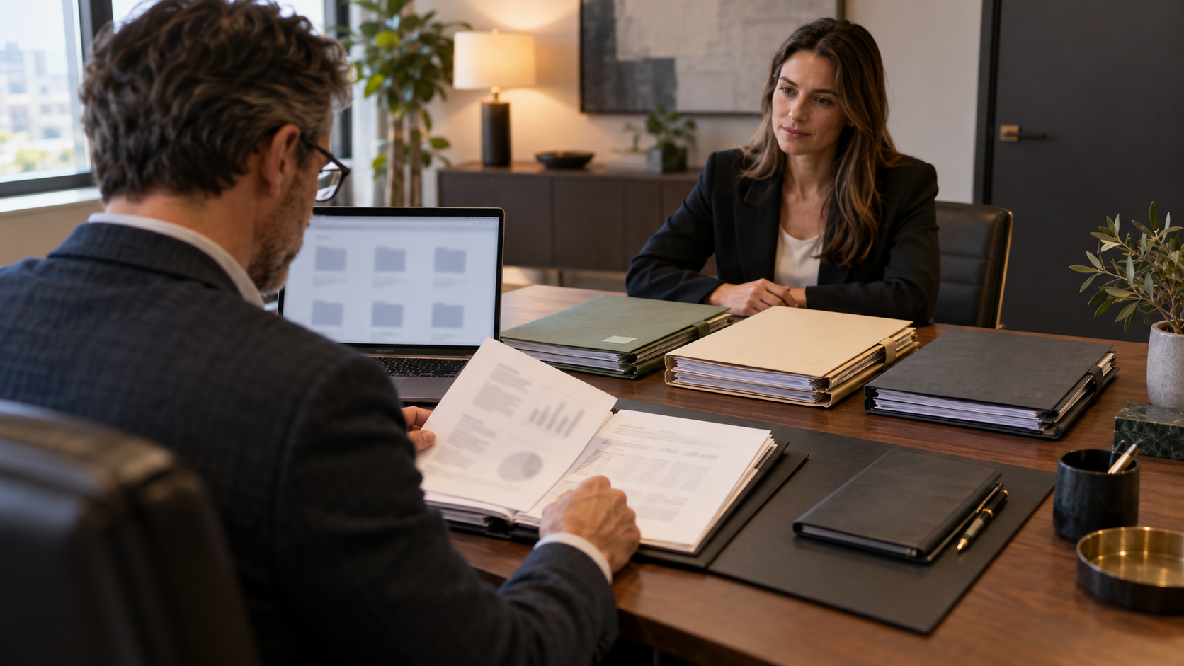 Investor reviewing organized startup financial, legal, and product documents in a private office