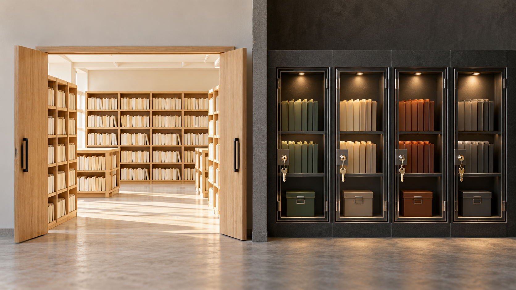 Open shared shelving beside segmented locked archives illustrating broad and controlled document permissions